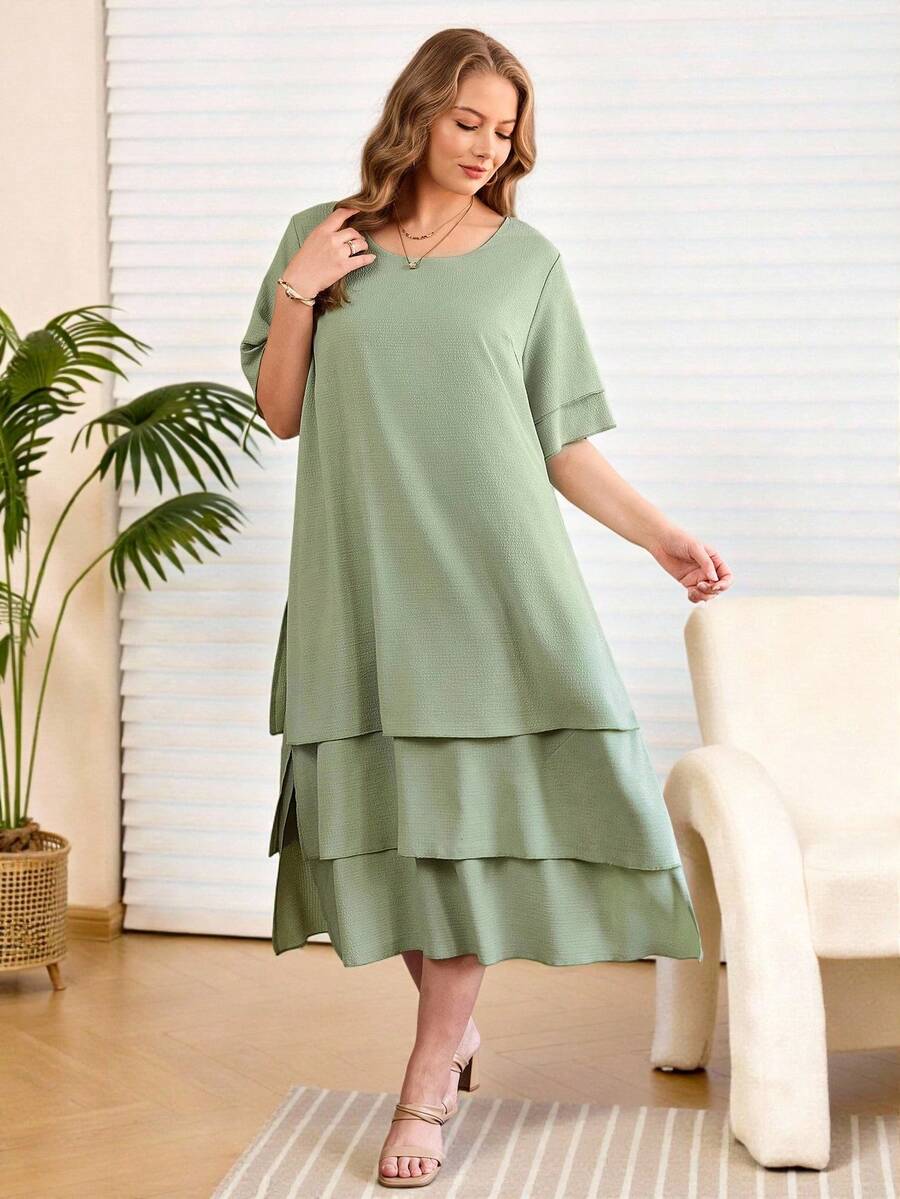 Rosumi Đầm casual cỡ lớn, màu trắng, cổ tròn, không cài cúc, vạt bất đối xứng, kiểu bohemian, thích hợp cho mùa xuân/hè. - Màu xanh Bạc hà - Xem 1