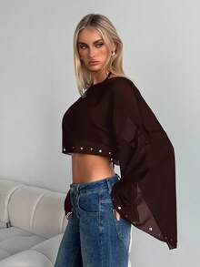 SHEIN EZwear Women's Solid Color Cropped Fashionable Versatile Chiffon Blouse, Spring/Summer 2026 New Arrival Brown Top See Through Tops Coffee Brown Top Dark Brown Top Chocolate Brown Top See Through Long Sleeve Top Sexy Blouses Bell Sleeve Tops Brown Crop Top Dark Brown Tops,Summer Top Trending Outfit - Chocolate Brown - View 4