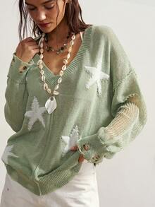 Bohemela Minimalist Fashionable Loose Jacquard Star Knit Cover Up - Mint Green - View 1