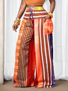 SHEIN BamGlam Pantalones rectos con estampado de rayas de colores para mujer, perfectos para vacaciones en la playa - Multicolor - Ver 3