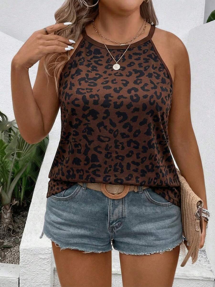 EMERY ROSE Áo tank top cổ tròn họa tiết da báo cỡ lớn, kiểu dáng thường ngày, đa năng, thích hợp cho mùa hè. - Nhiều màu - Xem 1
