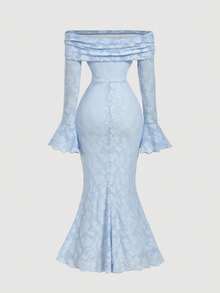 SHEIN MOD 女士镂空露肩喇叭袖系带鱼尾连衣裙，优雅 - 淺藍色 - 查看 3