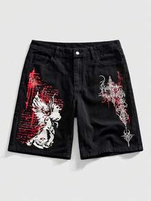 ROMWE MEN Black Graffiti Print Streetwear Denim Shorts - Black - View 1