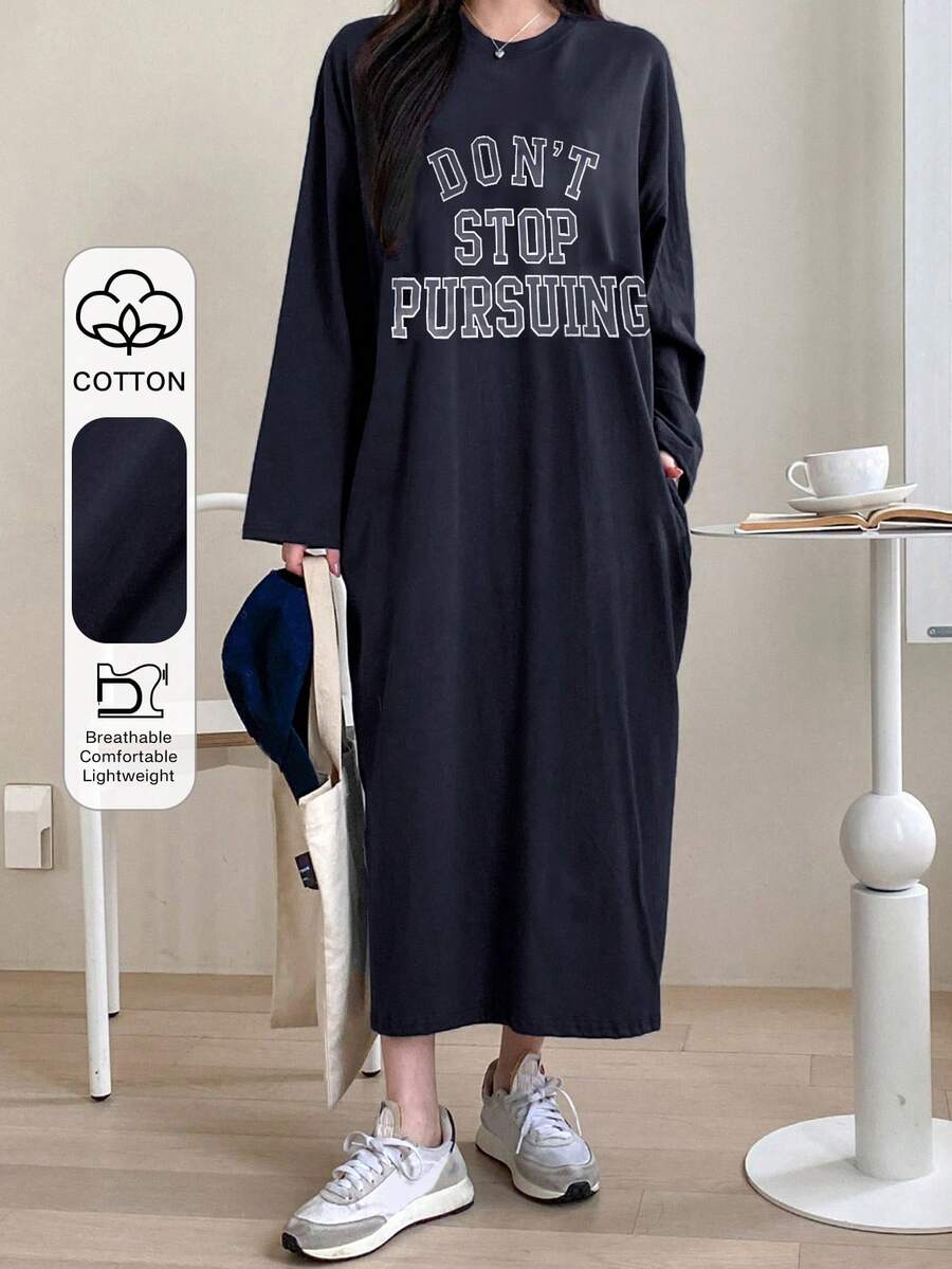 DAZY 女士字母印花宽松长袖连衣裙，春夏连衣裙 - 藏蓝色 - 查看 1