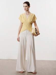 Aalyst Women's Spring/Summer Casual Blouse, Elegant V-Neck Crossover Pleated Design, Slim Fit Short Sleeve Shirt, Yellow - Yellow - View 4