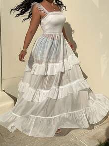 Sunnyshic Plus Size White Sheer Chiffon Beach Vacation Lightweight Long Dress With Flutter Sleeves, Summer Long Vacation Dress Tiered Dress Long Dress Summer Organza Dress Transparent Dress - White - View 7