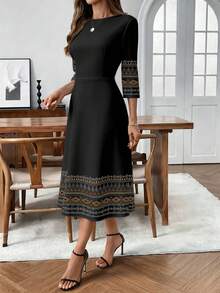 EMERY ROSE 女士休闲西部风格几何印花圆领中长连衣裙，休闲款 - 黑色 - 查看 3