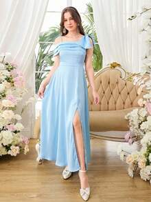 Vestido midi elegante de unicolor con ajuste ceñido, abertura alta, volante asimétrico en el bajo, adecuado para fiestas, banquetes, damas de honor, cumpleaños y otras ocasiones importantes - Azul - Ver 7