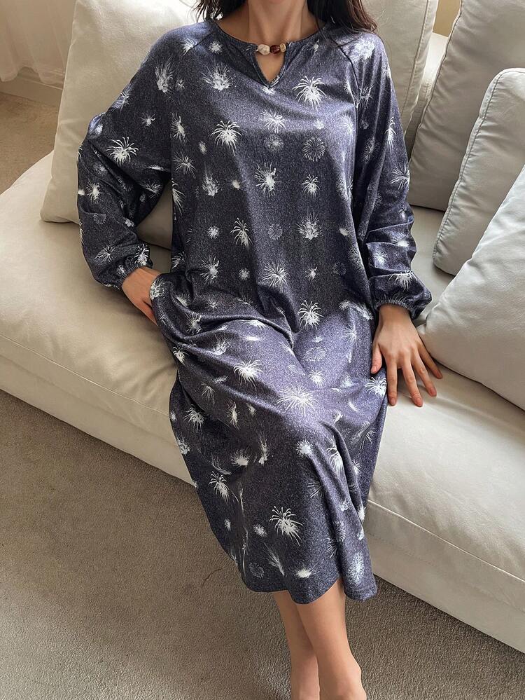 Firework Print Hollow Out Beaded Decor Loose Women Nightgown