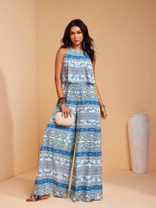 JIAN LASALA 女士度假休闲圆领无袖叠层阔腿长款连体裤，全身印花 - 藍色 - 查看 7