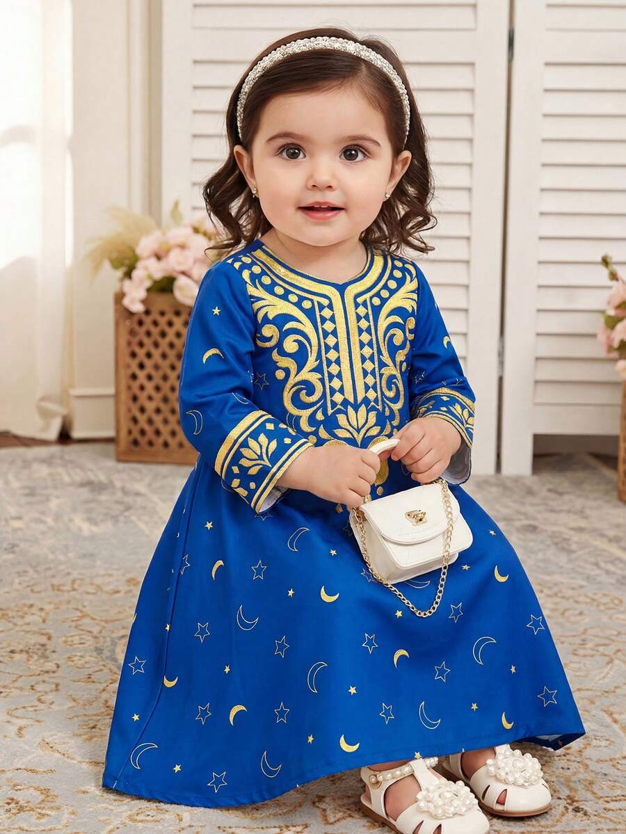 SHEIN 1-Pack Cute Baby Girl Cute Versatile With Cute Ditsy Floral Gorgeous Long-Sleeved Long Dress, Comfortable, Casual, Versatile And Fashionable For Everyday Use, Suitable For Birthday Parties, Evening Parties, Performances, Weddings, Baptisms, Opening Ceremonies In Autumn And Winter, Indoor And Outdoor, Daily Use, Sports, Play, Parties, Photo Shoots, Vacations, Festivals, Suitable For Spring, Autumn And Winter - Multicolor - View 1