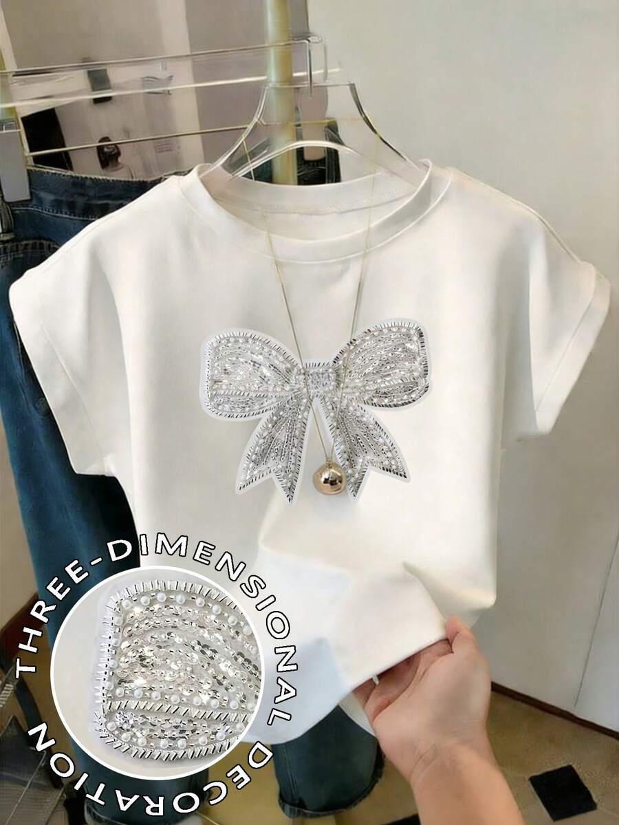 SHEIN 女士修身圆领短袖T恤，饰有蝴蝶结 - 白色 - 查看 1