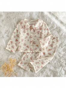 Loomiva 女婴碎花印花翻领长袖开衫和松紧腰裤两件套 - 粉色 - 查看 1
