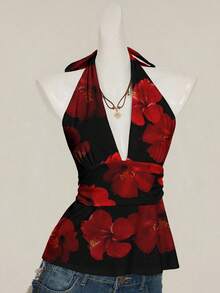 SHEIN ICON 女款休閒掛脖露背背心上衣，花卉印花，適合度假、夏季、海灘穿著、假期、春季女裝，紅色 - 彩色 - 查看 4