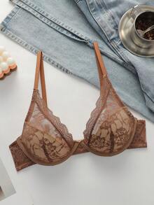 1pc Women Lace Bra With Underwire - Coffee Brown - View 6