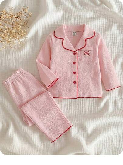 SHEIN طقم بيجامة أنيق للبنات مكون من ملابس علوية طويلة الأكمام ذات ياقة قلابة وطراز الفراشة وبنطلون