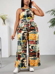 SHEIN PETITE CURVE 大尺碼女款小個子夏季2000年代奶油黃全印花短版背心與短褲兩件套，高腰休閒套裝 - 彩色 - 查看 5