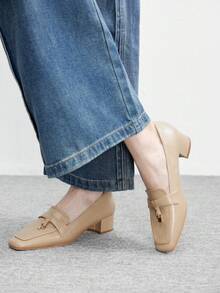 CUCCOO BIZCHIC Women's Square Toe Gold Lock Design Fashion High Heels For Daily Commute - Apricot - View 4
