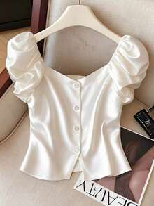 GlowEve Women's Apricot Satin Smooth Fabric Asymmetrical Collar Open Front Button Design Short Sleeve Elegant Blouse, Suitable For Birthday Gift, Date, Party, Valentine's Day, Easter, Labor Day, Work, School, Travel, Spring/Summer - Apricot - View 3