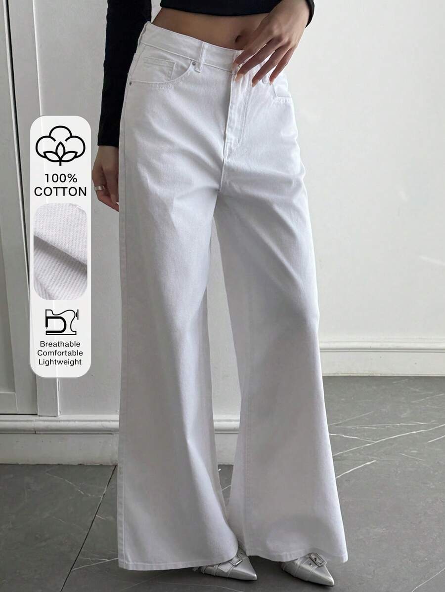 Livesso Quần nữ ống đứng màu trắng kiểu vintage, dáng rộng thoải mái, phù hợp cho công sở, đi làm và dạo phố, thích hợp cho mùa thu, xuân, hè. - trắng - Xem 1