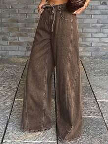 DAZY 做旧水洗腰带阔腿牛仔裤，休闲街头风牛仔女裤，春秋季 - 棕色 - 查看 6