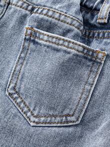Young Girl Denim Shorts, New Casual Fashion Bow Design Washed Dark Blue Denim Pleated Skorts - Blue - View 8