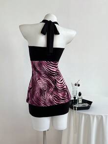 Elamini 女士无肩带褶皱撞色豹纹连衣裙 - 玫紅色 - 查看 2