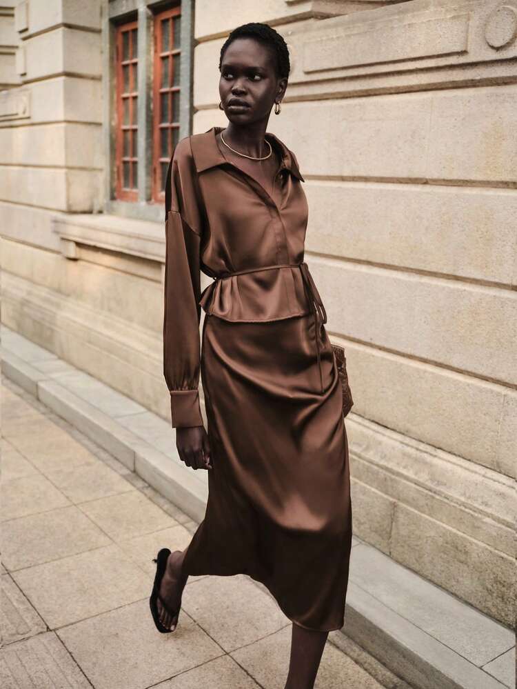 ス*ー様 22AW Apolina Bette Blouse chocolate Lumivelle Valentine's Day Women's Elegant Satin Blouse + Straight