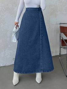 Women's Casual A-Line Denim Skirt For Everyday Wear, Autumn - Dusty Blue - View 5
