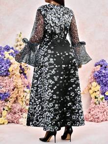Fleurora Plus Size Elegant Black Leopard Print Round Neck A Line Dress,Flare Sleeve Waist Cinched Autumn Formal Traditional Evening Wedding Guest Midi Dress - Black and White - View 3