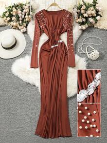 Modelyn 优雅珍珠点缀长袖连衣裙，修身飘逸女士正式礼服，秋季款 - 棕色 - 查看 3
