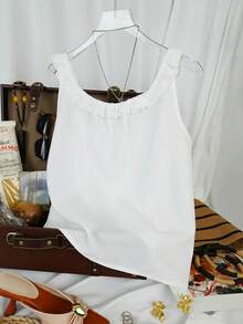 Trelyra 女士法式优雅蕾丝拼接圆领蝴蝶结无袖短款休闲百搭背心，春夏款 - 白色 - 查看 2