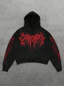 Manfinity EMRG Men's Death Metal Layered Graphic Print Streetwear Hoodie, Fall Sweatshirts Spring To Summer Vacation Outfits  Holiday Outfits Summer Holiday Outfits Going Out Tops - Black - View 1