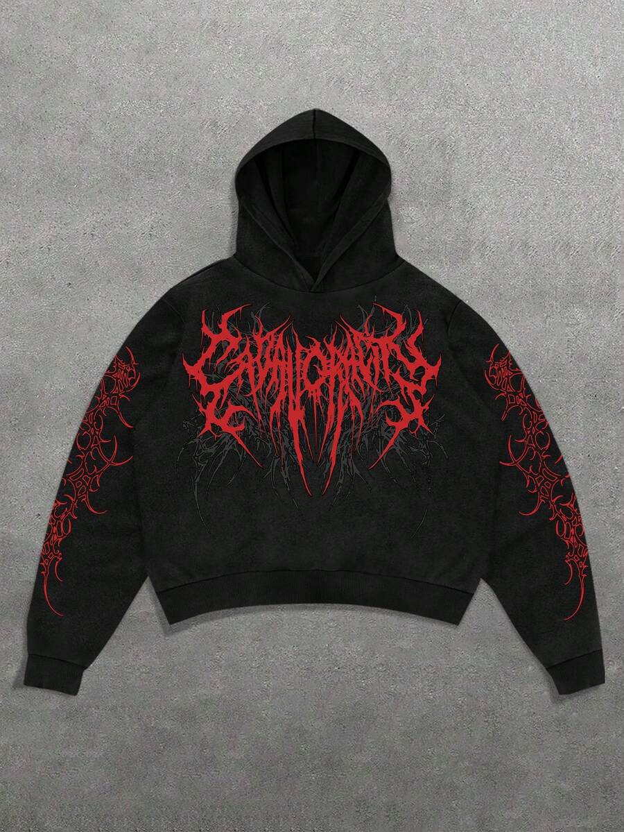 Manfinity EMRG Men's Death Metal Layered Graphic Print Streetwear Hoodie, Fall Sweatshirts Spring To Summer Vacation Outfits  Holiday Outfits Summer Holiday Outfits Going Out Tops - Black - View 1