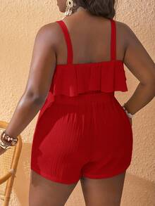Slaydiva Plus Size Women's White Striped Textured V-Neck Ruffle Hem Sleeveless Romper - C - Red - View 3