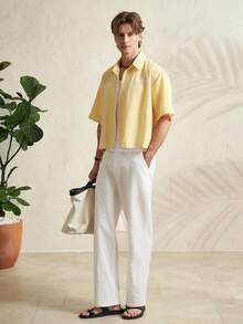 Airaco Men's Casual Striped Print Short Sleeve Shirt, Summer - Yellow - View 4