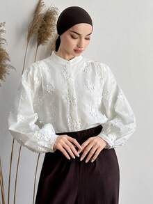 DAZY 纹理面料休闲宽松女式立领衬衫 - 白色 - 查看 4