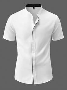 Manfinity Mode Men's White Stand Collar Short Sleeve Single-Breasted Casual Business Shirt - White - View 5