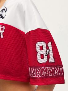 MTV | SHEIN Women's Summer Street Patchwork Mesh Letter Graphic Cropped Drop Shoulder T-Shirt - Red and White - View 8