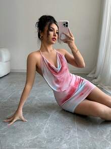 INAWLY Sexy Halter Tie-Up Mesh Draped Neck Tie-Dye Floral Print Mini Dress - Blue - View 5