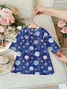 贝壳和海星图案阿拉伯长袍，优雅的花卉领口，休闲简约的传统长袖阿拉伯连衣裙，适合春夏穿着，优雅端庄的长袖连衣裙，祈祷长袍，舒适休闲，度假风，端庄的卡夫坦长袍，儿童阿拉伯长袍，女婴长袍，女婴服装，阿拉伯婴儿服装，穆斯林女婴服装，女婴情人节服装 - 彩色 - 查看 3