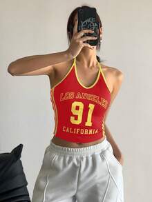 StreetHx 街头风女装休闲时尚撞色洛杉矶91号图案性感吊带背心 - 紅色 - 查看 4