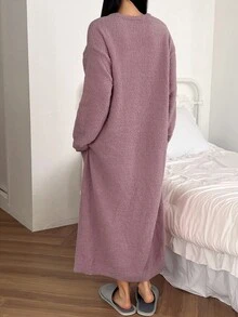 DAZY 宽松针织猫咪印花睡裙，女士秋冬睡衣 - 淺灰紫 - 查看 2