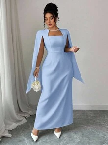 Elenzga 女士优雅方领收腰直筒连衣裙，珍珠链饰袖口，适合派对/婚礼/聚会/音乐节等场合，春秋季 - 天藍色 - 查看 5