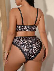 Bare Chapter Plus Size Sexy 2-Piece Set, Animal Print Leopard Pattern Silky Top With Lace Trim + Panties - Multicolor - View 2