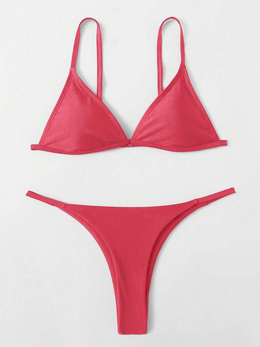 SHEIN Swim 纯色比基尼套装，适合海滩度假 - 西瓜粉 - 查看 1