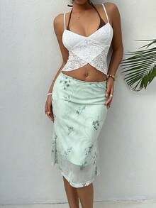 Aloruh Chân váy lưới dệt kim in hoa màu xanh nhạt, trang phục thường ngày thanh lịch cho kỳ nghỉ và đi làm. - màu xanh lá - Xem 1