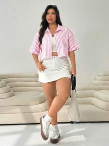 Solflare Plus Size Pink & White Striped Short Sleeve Shirt, Spring/Summer, Summer Tops - Pink - View 5