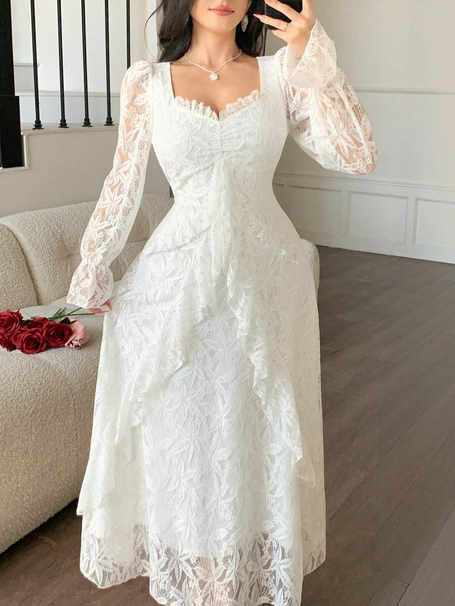 DAZY Đầm ren xếp ly tay phồng, eo thon, dài ngang gối cho nữ, đầm dự tiệc cưới, đầm hè cho nữ. - Màu be - Xem 1