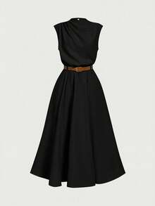 Firerie Kids NovaGlow Tween Girl Tween Girls Casual Chic Commuter Mock Neck Flounce Waist A-Line Long Dress - Black - View 5